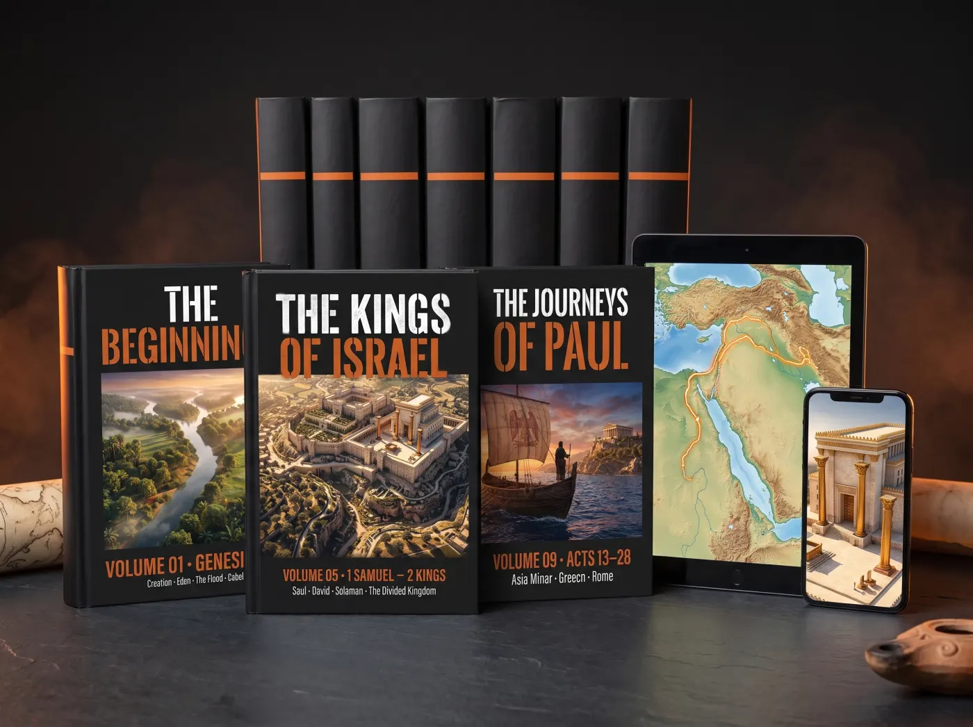 The 9 volumes of Visual Bible 3D with a tablet showing a Bible map and a phone showing a 3D temple